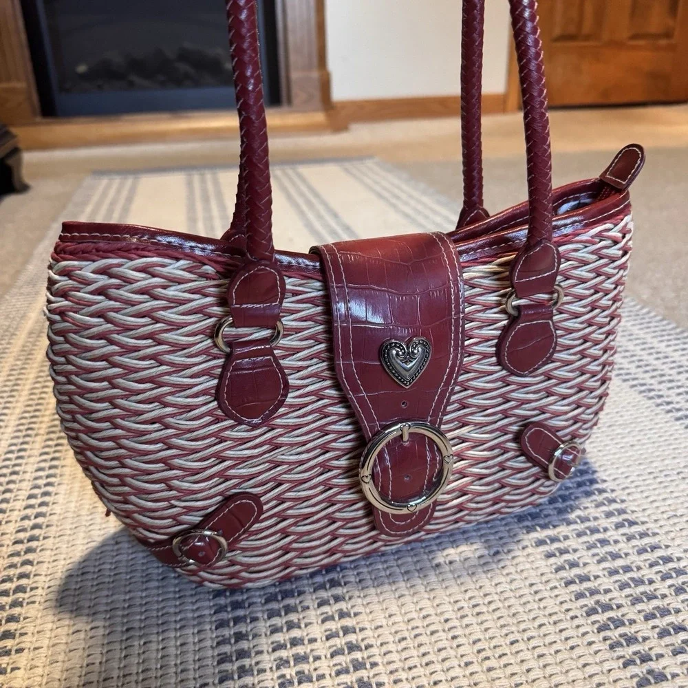 Brighton Wicker Purse With Leather Straps, Zipper Top & Magnetic Leather Flap - Picture 2 of 11